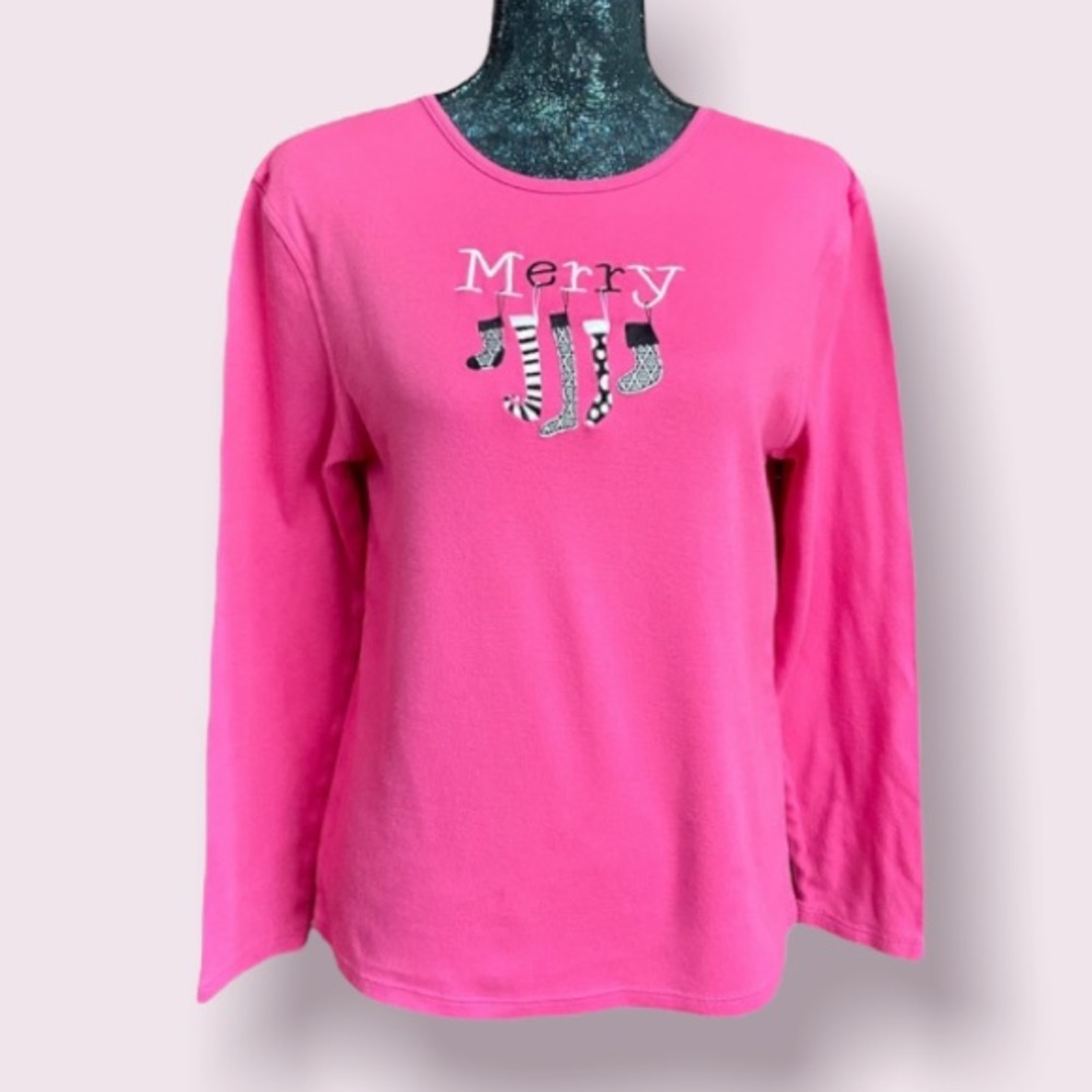 M & C Sportswear Pink Merry Stockings Holiday Long Sleeve Shirt